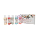 A set of five small bottles of Fabrique Art Color Chronicles matte acrylic paints lined up next to their decorative product box on a white background.