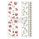 Decorative border with red cherries and green leaves on a white background
