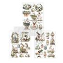 Sheet of decorative Easter-themed stickers with bunnies, eggs, and other elements on a white background.