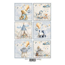 Set of six children's illustrations featuring teddy bears, balloons, and toys on a white background.