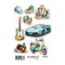 Collection of vintage-style items including a guitar, car, scooter, and accessories on a white background with 'Reprint' branding.