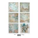 Set of six scenic cards with Eiffel Tower and travel-themed designs on a white background.
