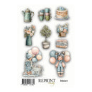 Collection of decorative items including teapots, cups, cakes, and a gnome with balloons on a white background.