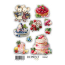 Collection of decorative stickers featuring mice, cakes, and fruits with 'Reprint' branding.
