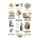 Collection of decorative elements including flowers, picnic baskets, and balloons on a white background.