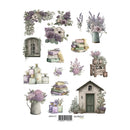 Set of decorative elements including flowers, books, and a small house on a white background.
