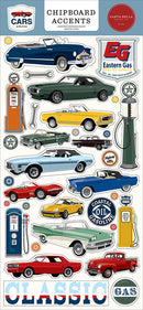 Carta Bella Cars chipboard accents with classic cars, petrol pumps, retro signs and automotive icons