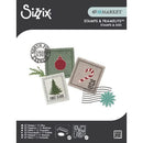 Sizzix stamps and framelets packaging with Christmas-themed stamps on a white background