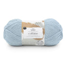 Light blue skein of yarn with a label on a white background