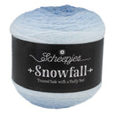 Light blue skein of yarn with a black label on a white background