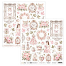 Vintage-themed paper sheet with floral, clock, and portrait designs on a white background.