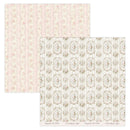 Two sheets of patterned paper, one pink with floral design and one white with decorative border, on a white background.
