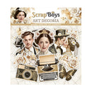 Scrapbooking elements with vintage-style people, camera, and typewriter on a decorative background.