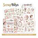 Scrapbooking paper pack with floral and vintage-themed designs by ScrapBoys on a white background.