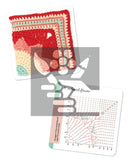 Crocheted item with a card featuring a flower design and text on a white background