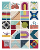 Grid of various colorful crochet patterns and tools.