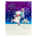 Card with a bear holding gifts against a purple and blue snowy background