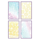 Four rectangular cards with different geometric pattern designs on a white background