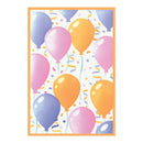 Pattern of colorful balloons and confetti on a white background