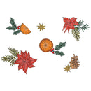 Illustrations of holly leaves, oranges, poinsettias, and pine cones on a white background