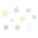 Various snowflake designs in different colors on a white background