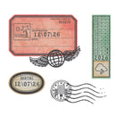 Collection of travel-themed stamps and labels with dates and destinations on a white background.