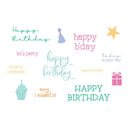Collection of colorful birthday-themed text and icons on a white background