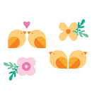Two cartoon chicks, a pink heart, and two flowers on a white background
