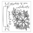 Black and white floral design with text 'thinking of you celebrate' and 'hey friend' on a white background