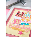 16th Birthday card with decorative elements and a photo of a girl on a pink surface.