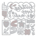 Set of metal dies with various shapes and text on a white background