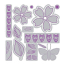 Set of floral and butterfly stencils with purple patterns on a white background