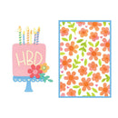 Birthday card with cake and candles design on the left and floral pattern on the right.