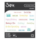 Sizzix stamp set with various phrases on a black and white background