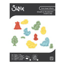 Sizzix stamps and framelets set with dinosaur and nature-themed stamps on a white background