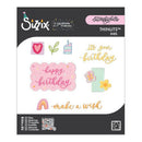 Sizzix Thinlits Dies set with birthday-themed stamps on a black background