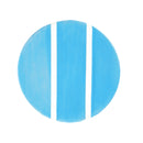 Blue circular object with three vertical stripes on a white background