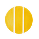 Yellow circular object with white stripes on a white background