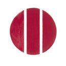 Red circular object with white stripes on a white background