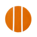 Round orange coaster with white stripes on a white background