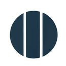Navy blue circular object with three vertical white stripes on a white background
