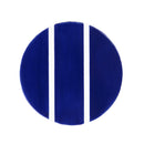 Blue circular object with white stripes on a white background