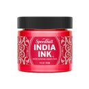 Red jar of Speedball India Ink with black lid on a white background