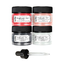 Four jars of calligraphy ink with black lids and dropper on a white background