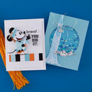 Two greeting cards on a blue background, one with a cartoon character and 'bravo! YOU DID IT!' text, the other with confetti and 'Proud of you' text.