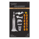 Graduation-themed die set packaging with tassel, text, and numbers on a black background.