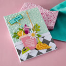 Card with cleaning-themed decorations on a pink background