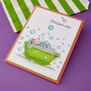 Card with a hedgehog in a bathtub and bubbles on a purple background