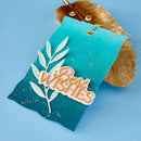 Teal gift tag with 'Best Wishes' text and leaf design on a blue background