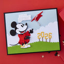 Graduation-themed card with Mickey Mouse design on a red background